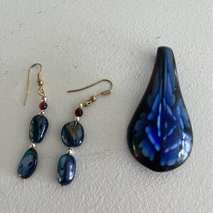 Murano Venetian Glass Pendant, with Blue and Gold Teardrop Earrings
